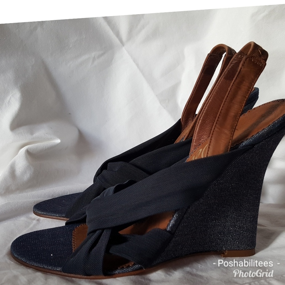 DELMAN denim leather criss-cross slingback wedges 6m